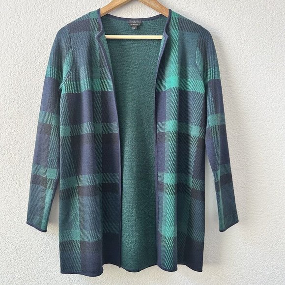 $ 198 Talbots Navy & Green Plaid 100% Pure Merino Wool Open Long Cardigan Size S - Picture 2 of 7